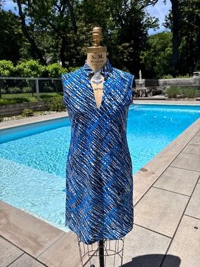 Jude Connally Blue White Abstract Plaid Sleeveless Dress Size Small